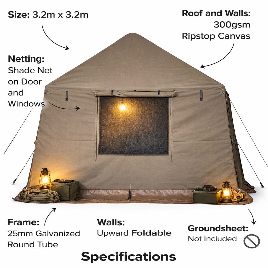 3.2m x 3.2m Army Dining Shelter Heavy Duty Canvas Gazebo Tent with Shadenet - Image 6