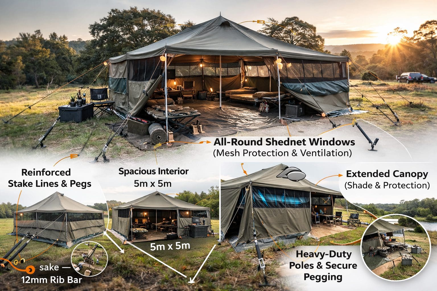 5m x 10m Army Canvas Tent with Shade Net Heavy Duty Waterproof 20-25 Person - Image 5