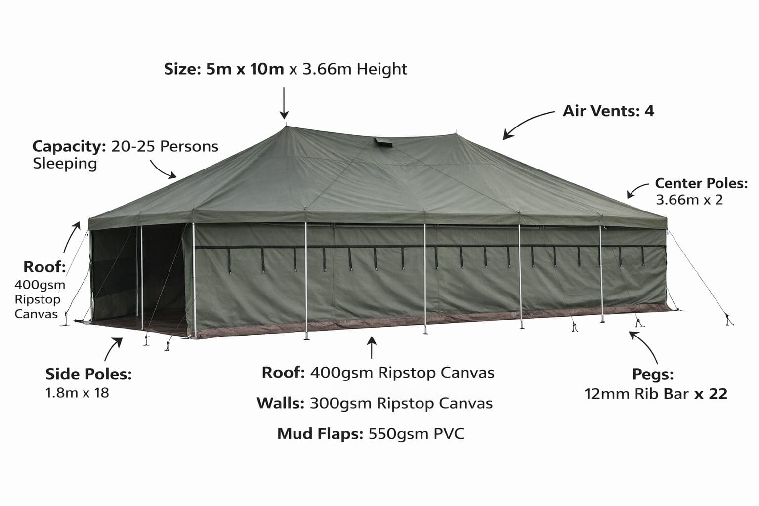 5m x 10m Army Canvas Tent Heavy Duty Ripstop Waterproof 20-25 Person - Image 2