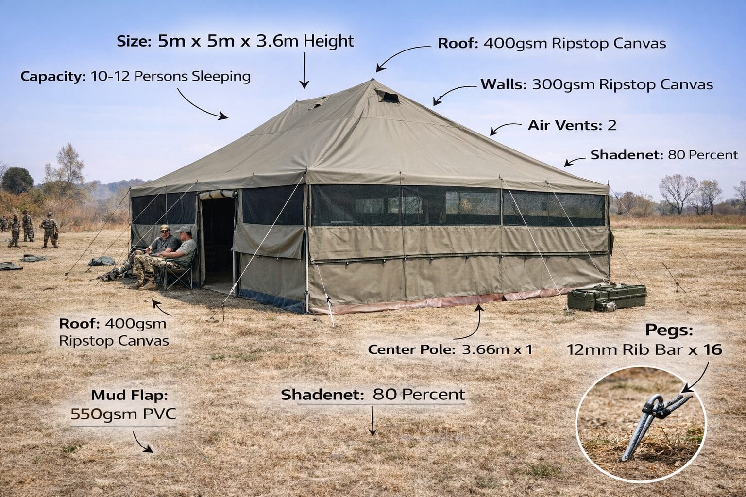 5m x 5m Army Tent with Door & Shadenet Heavy Duty Waterproof 10-12 Person - Image 4
