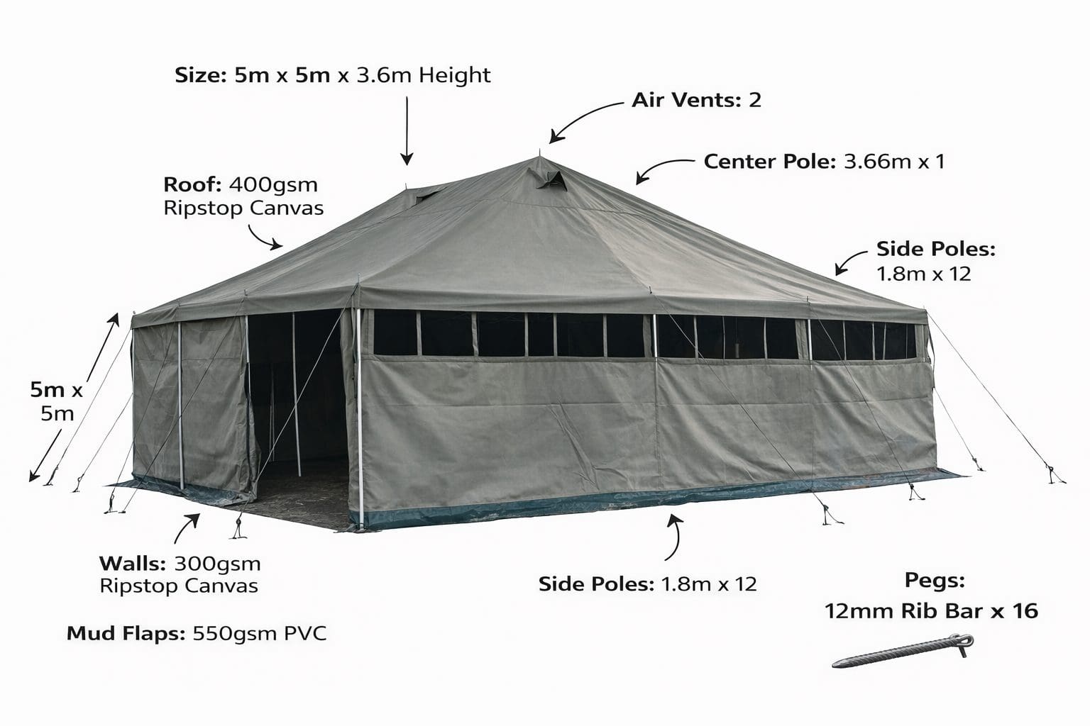 5m x 5m Army Canvas Tent Heavy Duty Ripstop Waterproof 10-12 Person - Image 3